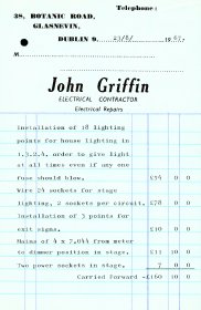 Invoice from John Griffin, Electrical Contractor itemising lighting equipment supplied to Focus Theatre. (Page 1 of 2)
